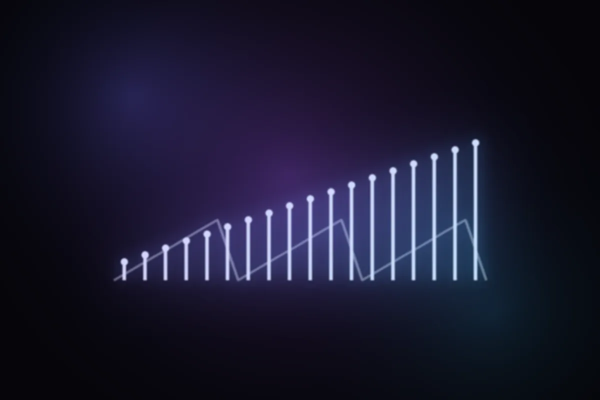 Abstract glowing artwork: bars that only ever rise, above a faint streak line that keeps resetting to zero