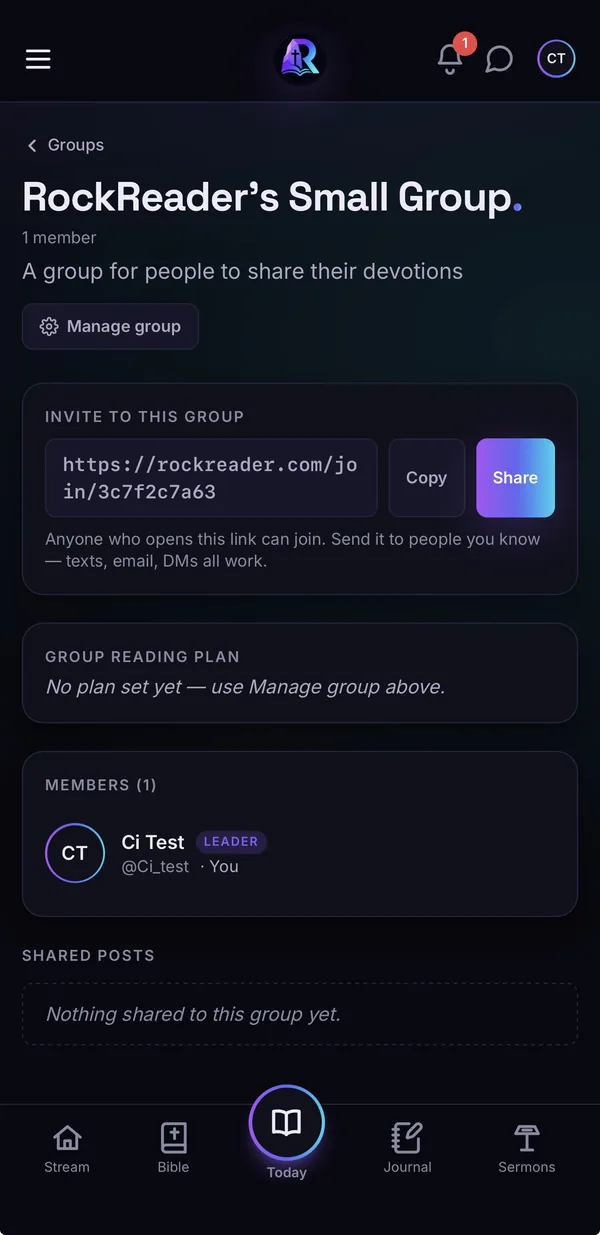 A new group page in RockReader showing the group name, a Manage group button, the invite link, and the leader listed as the only member