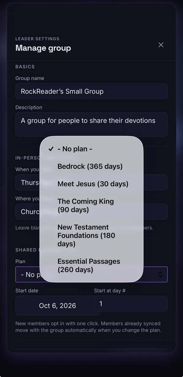The Manage group screen with the plan picker open, listing Bedrock 365 days, Meet Jesus 30 days, The Coming King 90 days, New Testament Foundations 180 days and Essential Passages 260 days