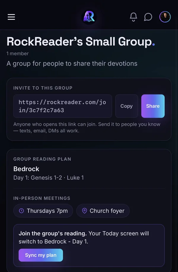 A member's view of the group showing the Bedrock plan, the meeting time and place, and a Sync my plan button