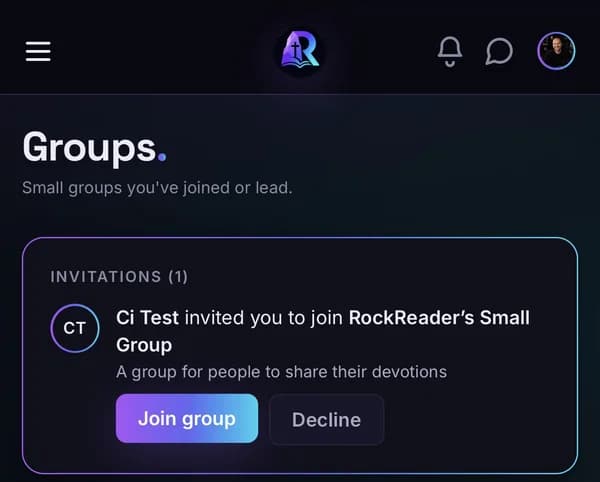 The Groups page showing an invitation card with Join group and Decline buttons