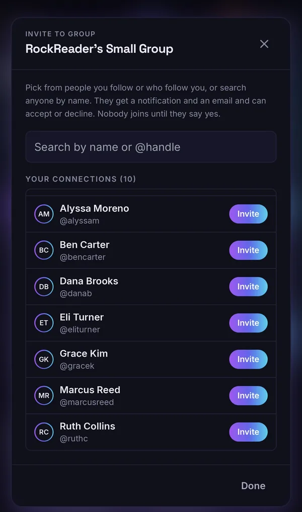 The invite picker listing the leader's connections, each with an Invite button, above a search box