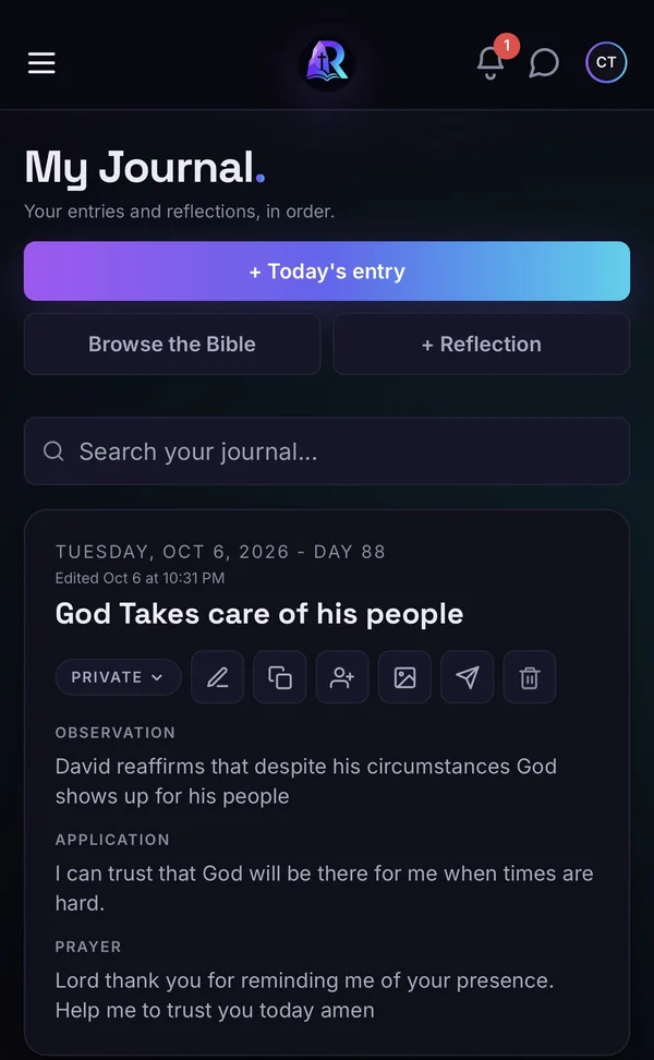 My Journal showing a saved SOAP entry titled God Takes care of his people, marked Private, with its Observation, Application and Prayer