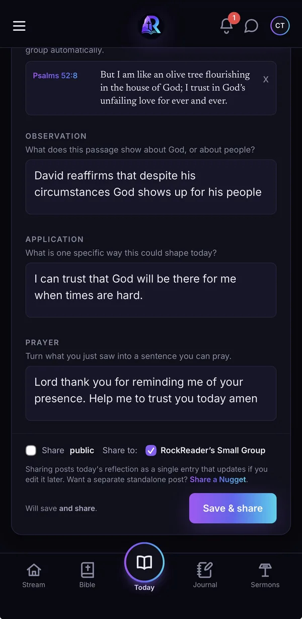 A SOAP entry on Psalm 52:8 with Observation, Application and Prayer filled in, Share public left unticked, and the group ticked under Share to, above a Save and share button