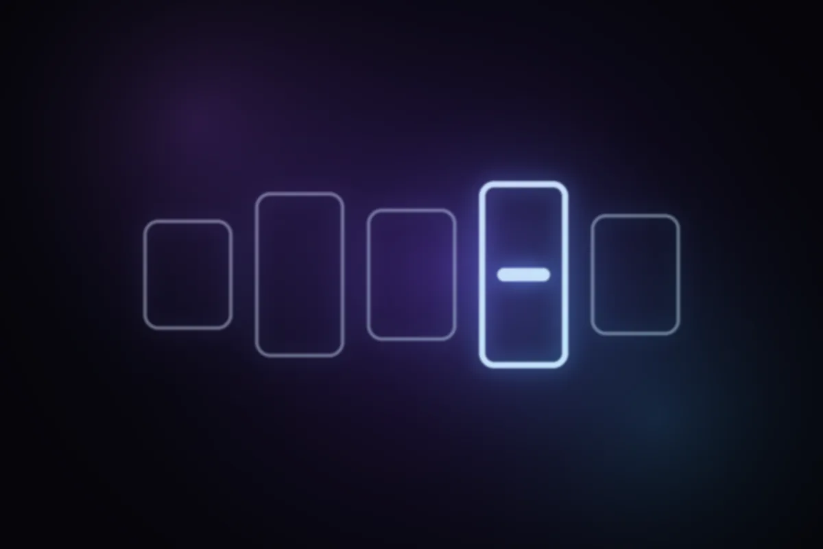 Abstract glowing artwork: five app tiles side by side with one of them highlighted