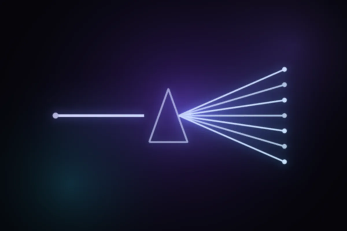 A single beam of light passing through a prism and spreading into a fan of seven parallel beams