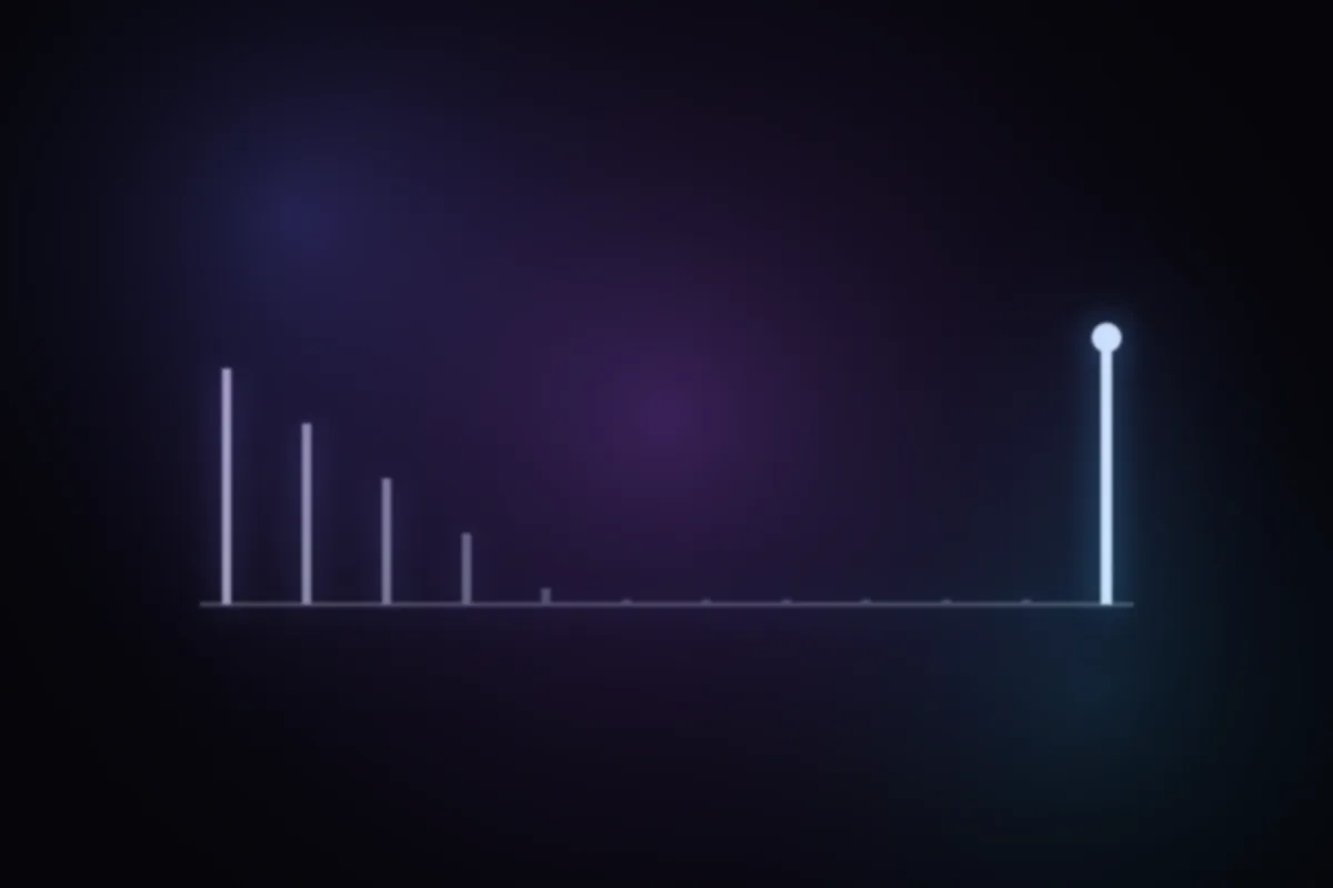 Abstract glowing artwork: a row of columns that collapse after January, with one still standing at the far right