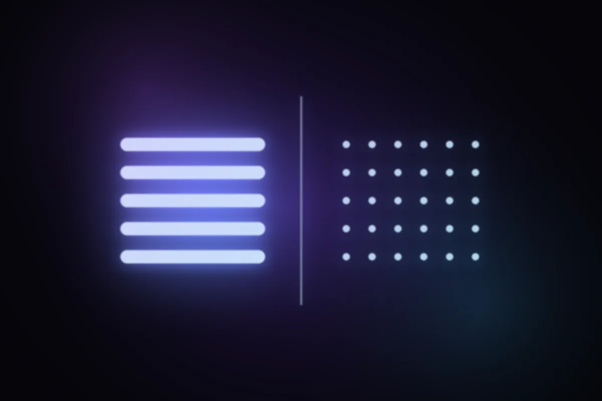 Abstract glowing artwork: ruled paper lines on one side of a divide, a grid of dots on the other