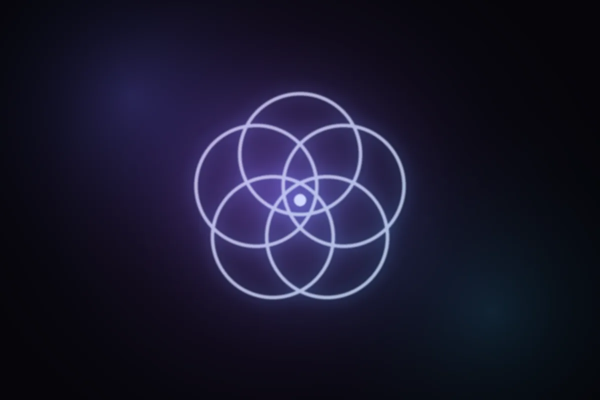 Abstract glowing artwork: five overlapping circles sharing one bright centre