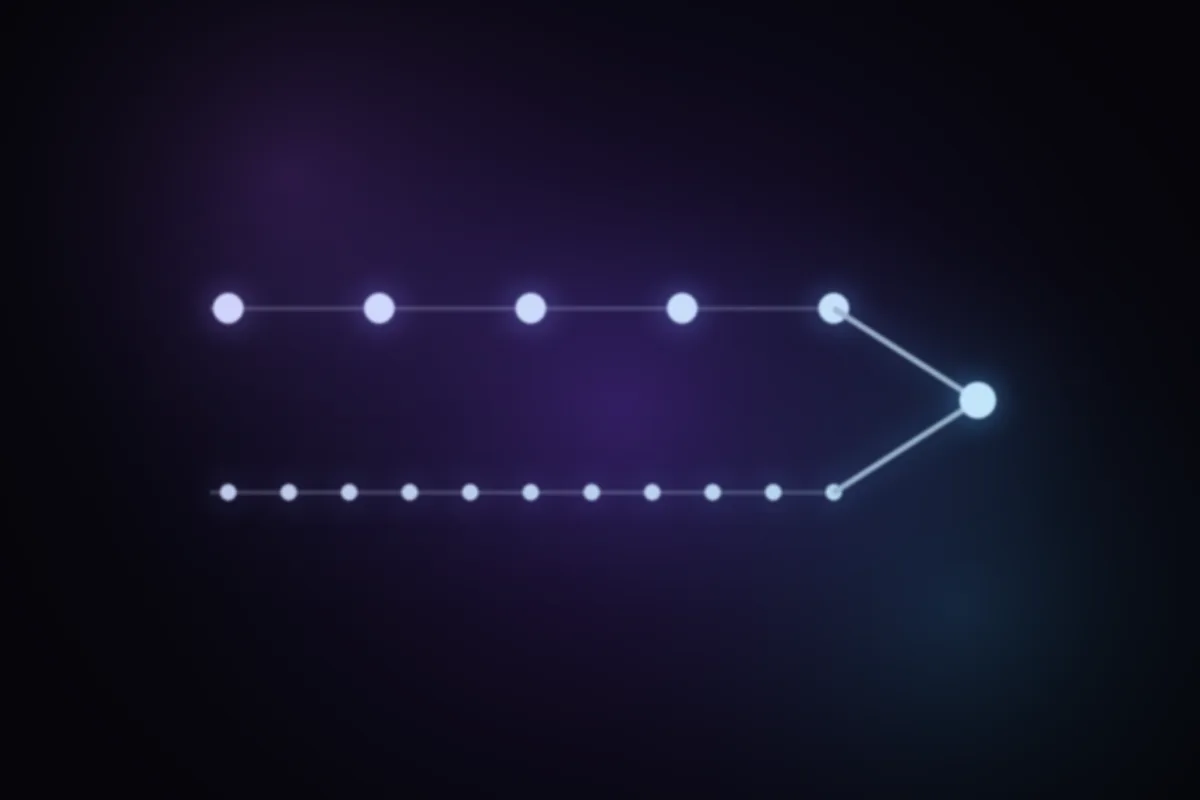 Abstract glowing artwork: a track of long strides above a track of short strides, both arriving at the same point