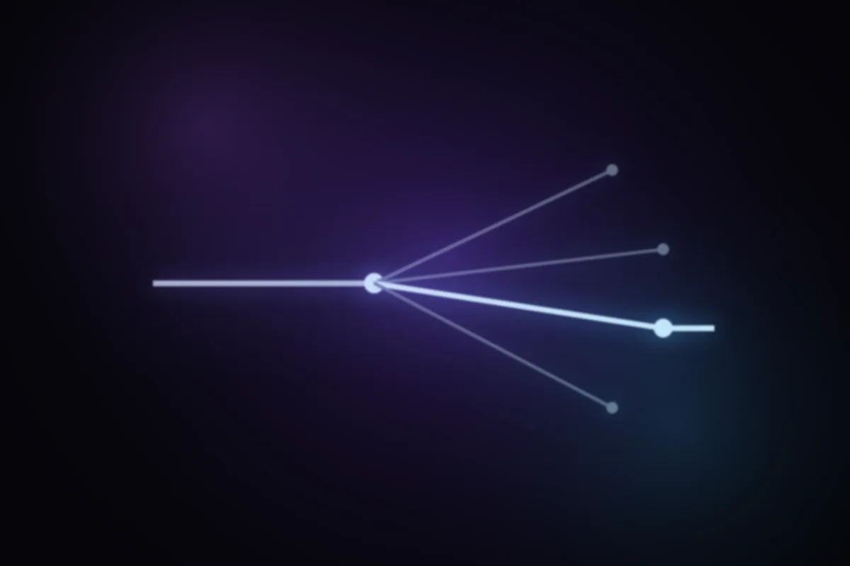 Abstract glowing artwork: one path branching into several options, with a single branch continuing onward