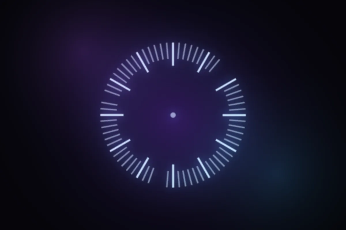 Abstract glowing artwork: a ring of tick marks forming a year, with a few gaps left in it