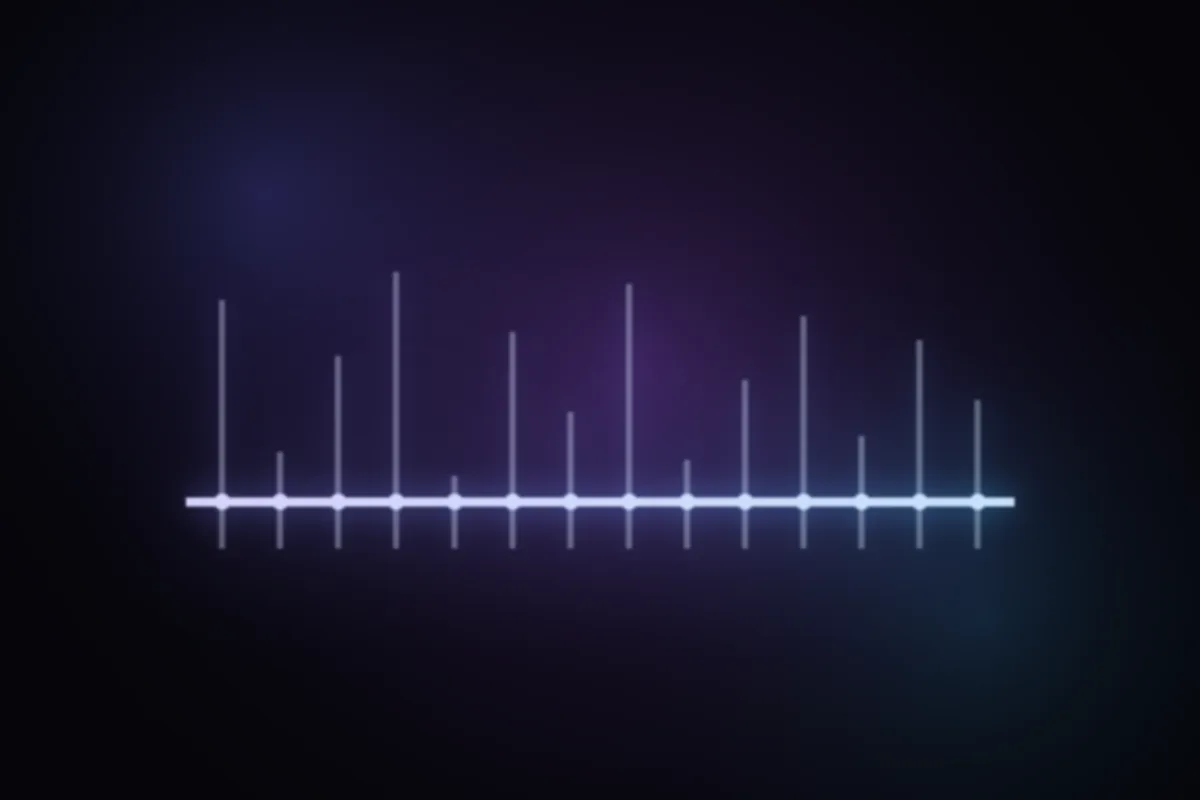 Bars of wildly different heights standing on a common baseline, with one steady bright line running low across all of them