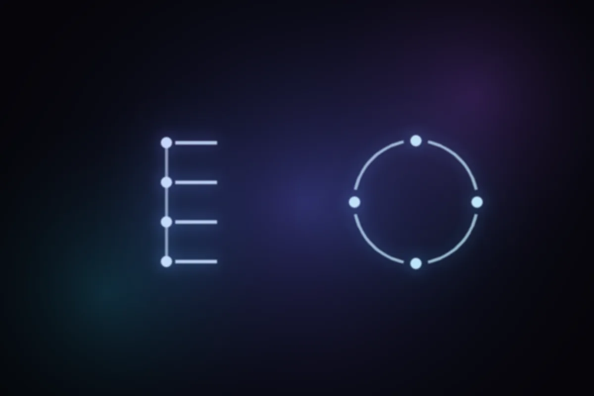 Abstract glowing artwork: four steps in a straight line beside the same four steps arranged as a circle